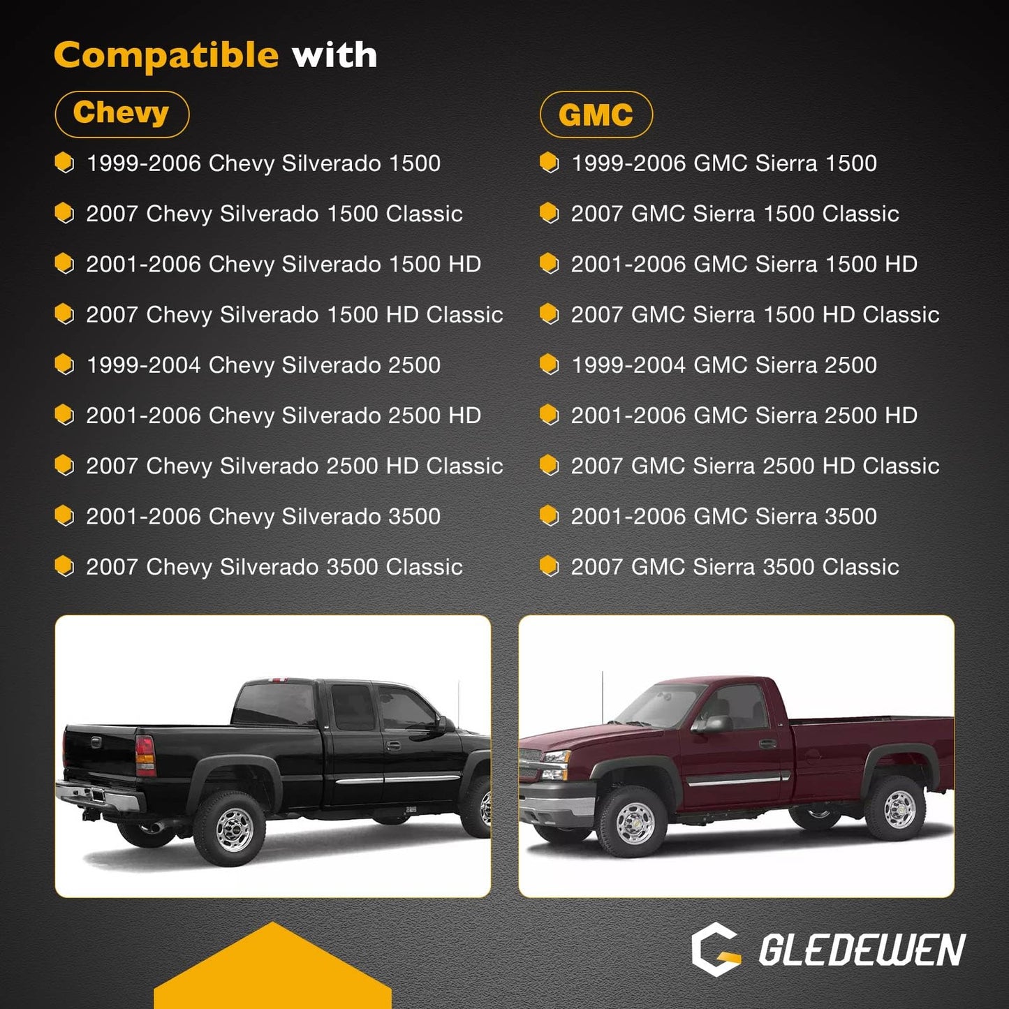 Gledewen Tailgate Handle Latch and Bezel Trim with Rod Clips | for 1999-2007 Chevy Silverado GMC Sierra 1500 2500 3500 | Replaces# 15997911, 15228539, 15228541, 15228540