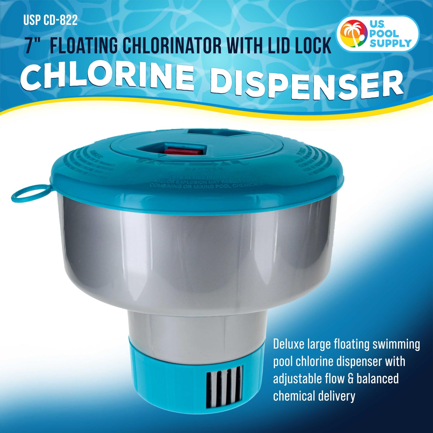 U.S. Pool Supply Pool Chlorine Floater Dispenser with Lid Lock - Large 7" Floating Chlorinator, Holds 3 Tablets - Inground & Above Ground Swimming Pools - Adjustable Flow, Balanced Chemical Delivery