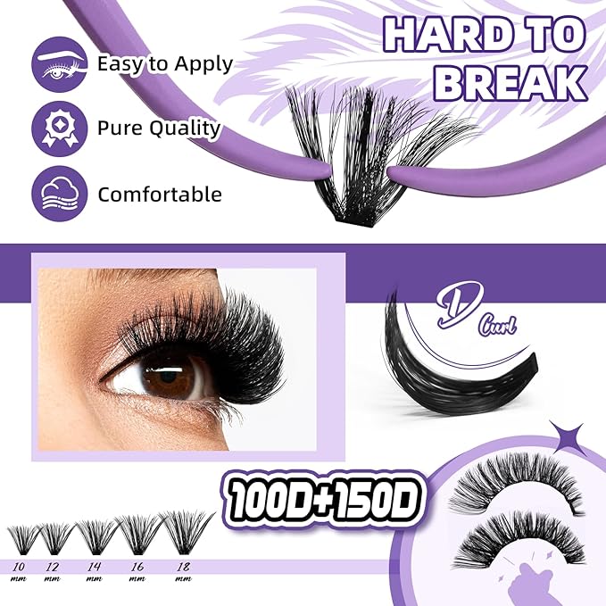 B&Q Fluffy Lash Clusters Kit UltraSoft Cluster Eyelash Extensions, 100+150D Volume Eyelash clusters 10-18mm Lash Extension Kit, D Curl Individual Lashes kit with lash Applicator Tool (100+150D Set)