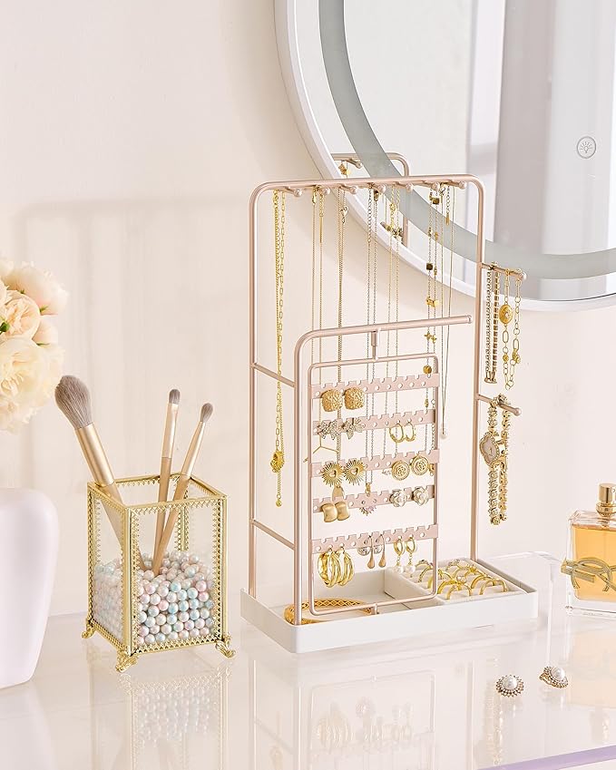 ProCase Jewelry Stand Holder Organizer, Jewelry Display Storage with Ring Tray, No-Assembly, Rotating Earring Bracelet Necklace Holder, Valentine's Gifts Room Dorm Decor for Teen Girls -Champagne