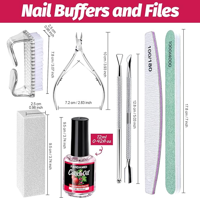 FANDAMEI Nail Files and Buffers, Nail Care Kit with Cuticle Nipper, Pusher, Peeler. Nail File, Nail Buffer Block. Cuticle Oil Pomegranate for Cuticle Remover