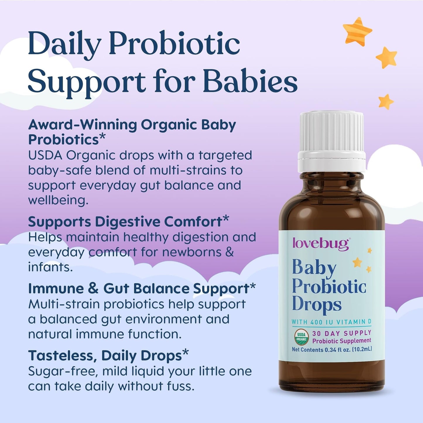 LOVEBUG Baby Probiotic Drops - Organic Probiotics for Immune Support and Baby Constipation & Colic Relief - Tasteless & Sugar-Free Liquid Drops for Newborns, Babies & Infants (0-12 Months) - 10ml