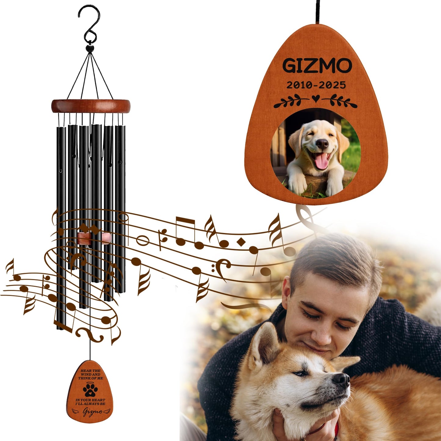 Personalized Pet Memorial Wind Chimes with Photo Pet Memorial Gifts for Dogs Pet Bereavement Gifts Custom 25.5 Inch Wind Chimes for Garden Patio for Loss of Dog Cat Puppy (Black, Design 4)