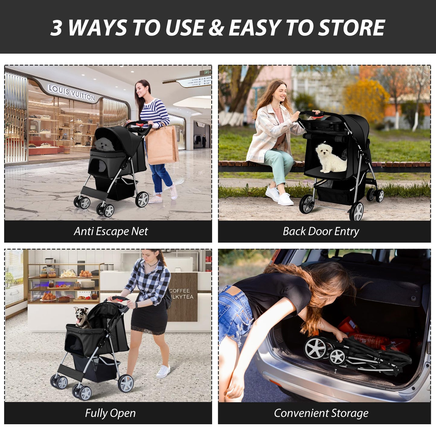 Unisakey 4 Wheels Pet Stroller for Small Medium Dogs Cats 10-33 lbs, Foldable Dog and Cat Stroller with Cup Holder & Storage Basket & Breathable Mesh, Pet Strolling Cart for All-Season, Black