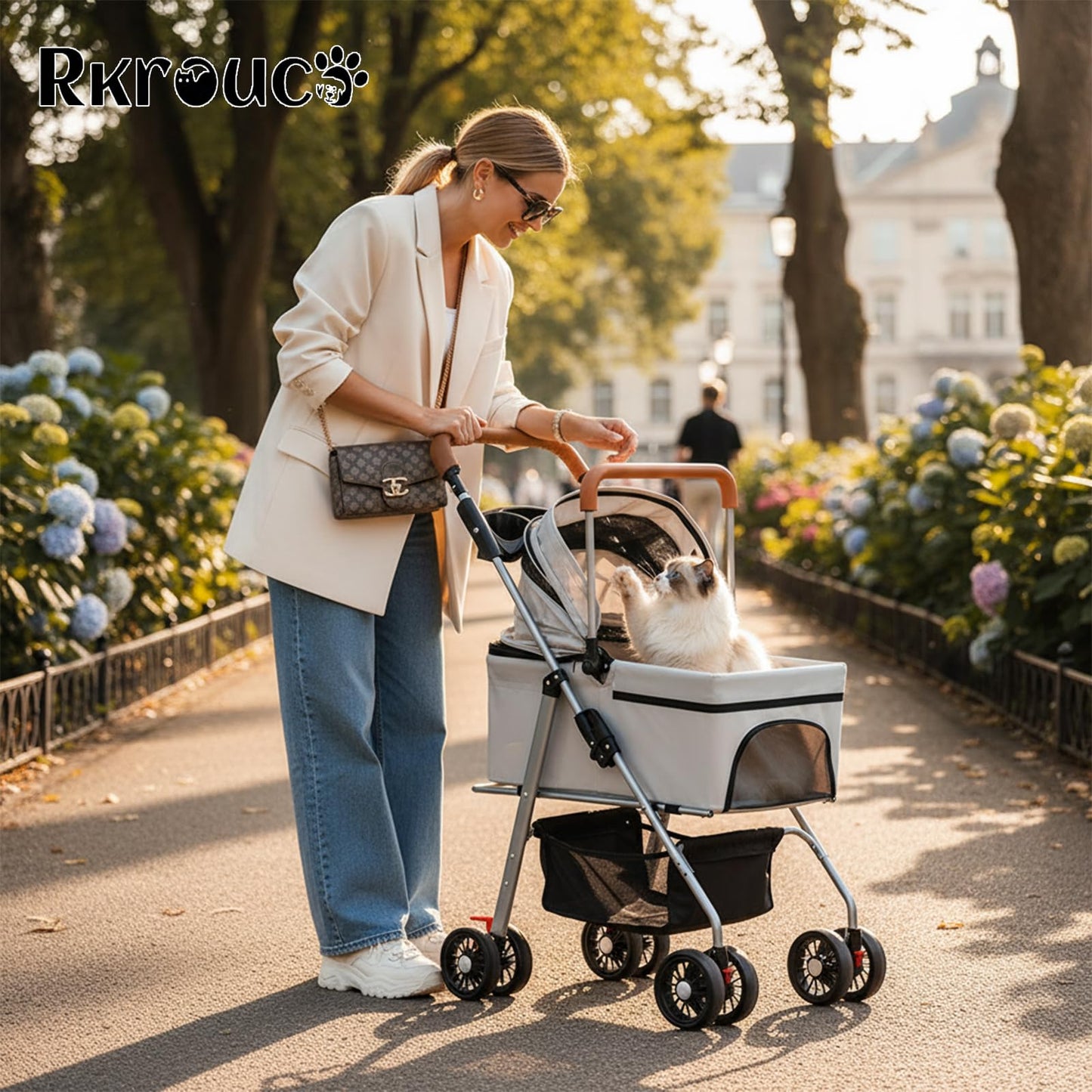 3 in 1 Dog Strollers 4 Wheels Folding Pet Stroller with Detachable Carrier Multifunction Portable Dogs Travel Carriers for Medium Small Puppy Kittens(White Gray)