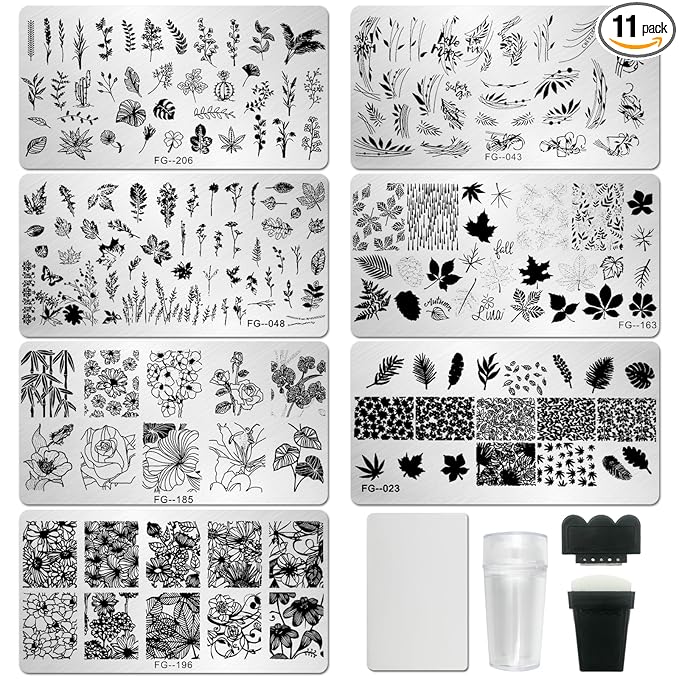 AddFavor Nail Stamper Kit 7pcs Nail Stamping Plates Flower Leaf Maple Nail Stencils with 2 Stamp and 2 Scraper for Home Salon Manicure Design Supplies Tools
