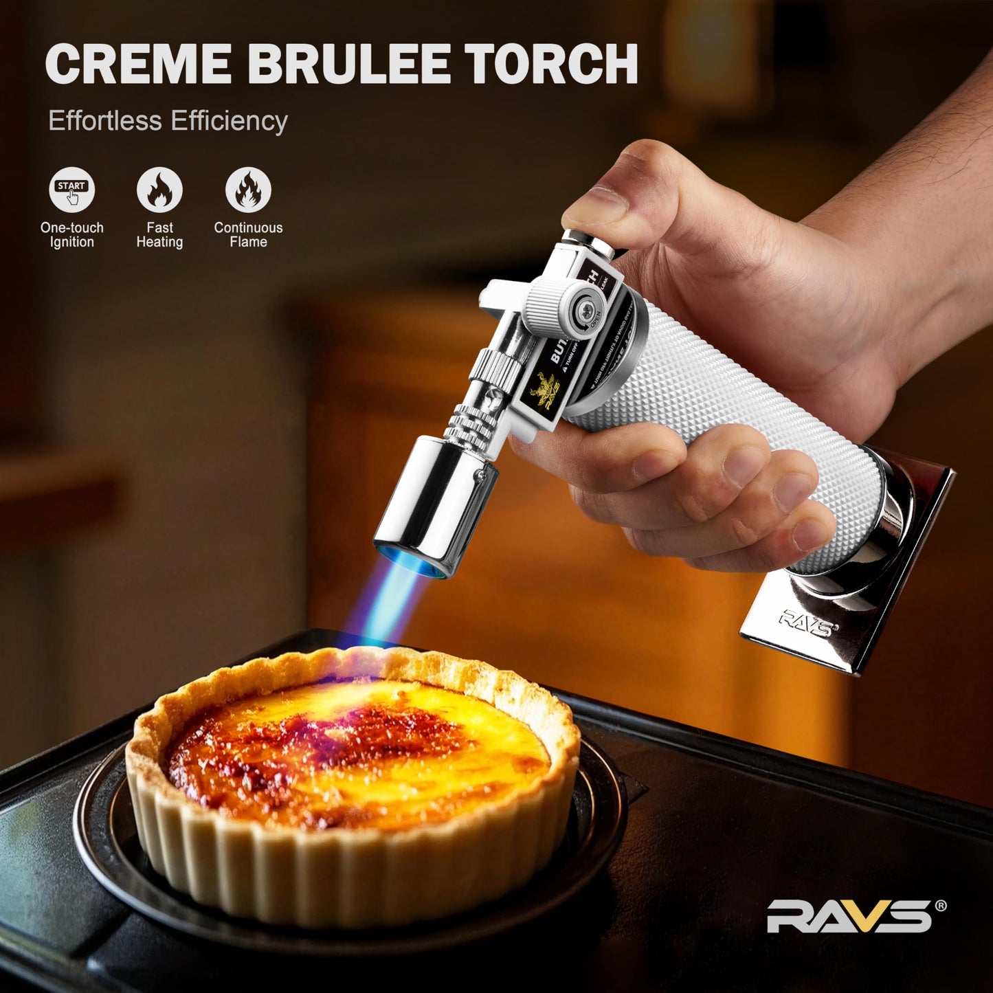 RAVS Butane Torch Lighter, Refillable Cooking Torch with Safety Lock and Adjustable Flame, Creme Brulee Torch for Baking, BBQ, White Mini Torch for Cooking, Gifts for Women, Butane Gas Not Included