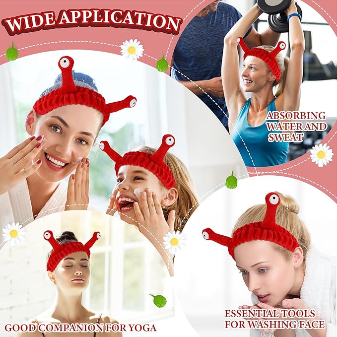 Face Wash Headband, Palm and Snail Spa Hair Bands Makeup Headbands Women Cartoon Cute Coral Fleece Elastic Headband Creative Hair Accessories for Washing Face Shower Sports (Red)