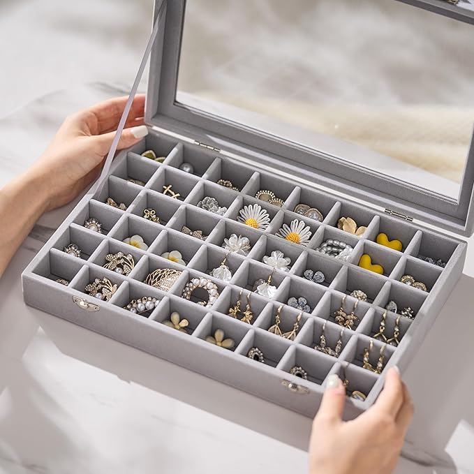 48 Grid Earring Organizer and Storage: Velvet Jewelry Tray with Lid, Jewelry Box for Studs, Earrings, Rings, Necklaces, Dresser & Vanity, Earrings Case Organizer for Girls, Women, 13"x8.6"x2.4", Grey