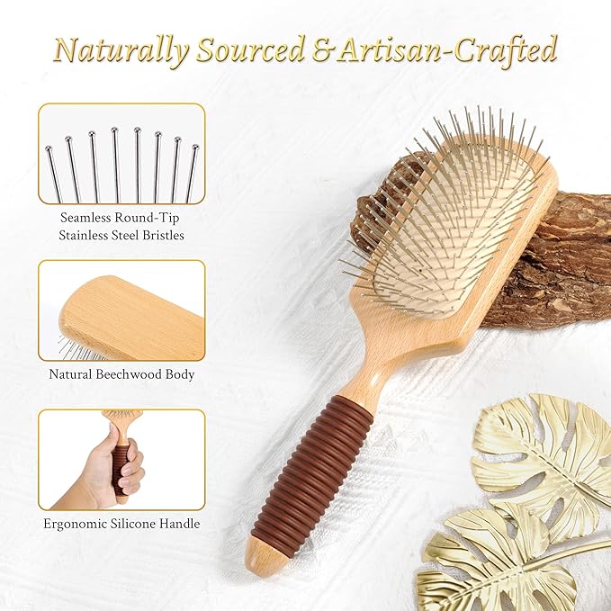 BFWood Paddle Hair Brush with Steel Bristles, Metal Hair Brush, Help Hair Growth and Massaging Scalp, Anti-frizz Metal Detangling Brush Styling Hairbrush