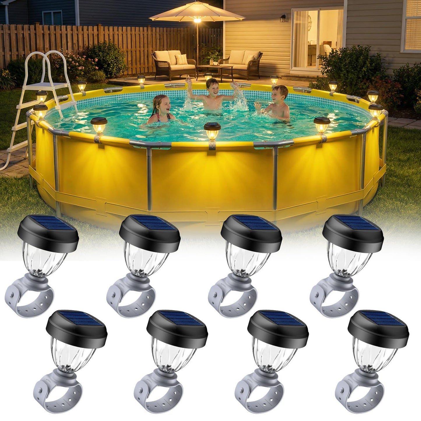 JEMULICE Solar Pool Lights for Above Ground Pools, LED Energy Saving Warm White Light, Waterproof for Frame Swimming Pools Night Accessories (8 Pcs)