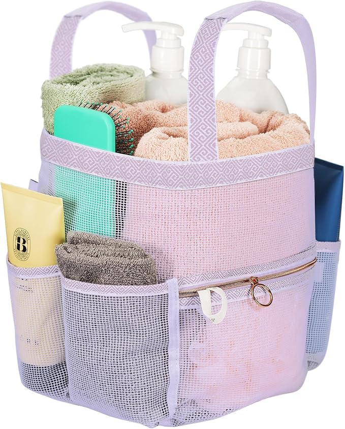 DV Lifestyle Mesh Shower Caddy Dorm, 7 Pockets & 1 with Zipper, Shower Tote with Padded Handles, Travel Portable, Shower Caddy College Room Essentials, Bathroom Shower Bag (Light Gray)