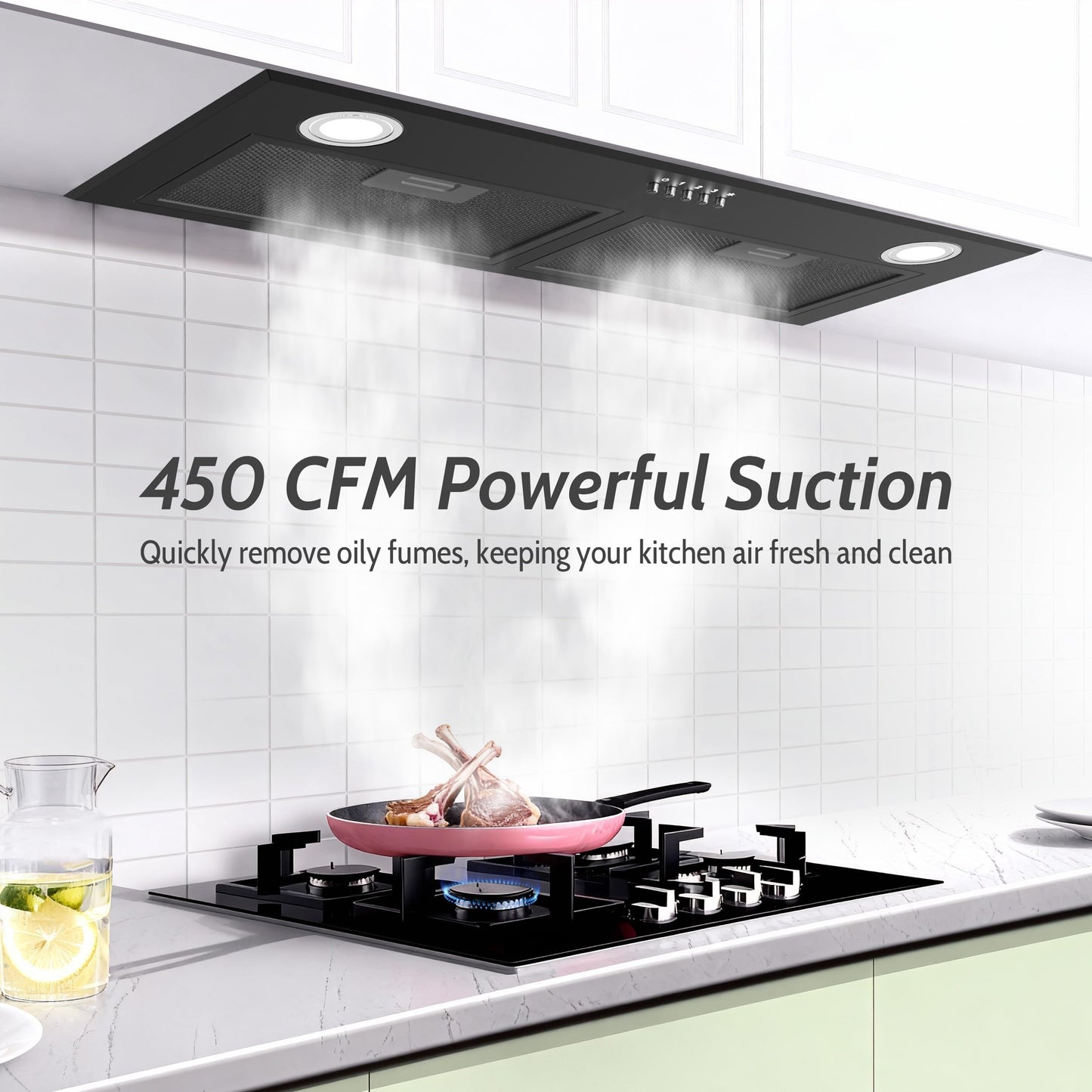 FIREGAS Black Range Hood 28 Inch, Built-in Kitchen Vent Hood with 450 CFM, 3 Speed Exhaust Fan, 2 LED Lights & Button Control, Ducted/Ductless Convertible