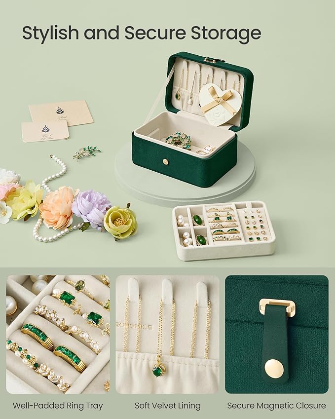 SONGMICS Jewelry Organizer Box, Travel Jewelry Case, 2-Layer Travel Case for Earrings, Necklaces, Bracelets - Portable Jewelry Storage with Large Capacity, Gift Idea, Retro Green UJBC166C04