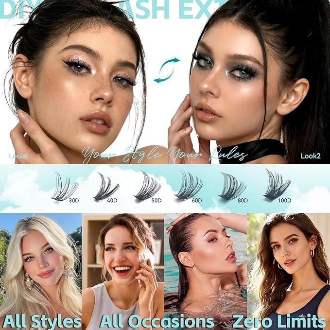 Wispy Lash Clusters Kit, D Curl Lashes Clusters Natural Look 9-16mm Individual Super Thin Band DIY Cluster Eyelash Extensions Kit with Bond Seal Tweezers Brush Remover (30DÃ¢ÂÂ100D Mix)