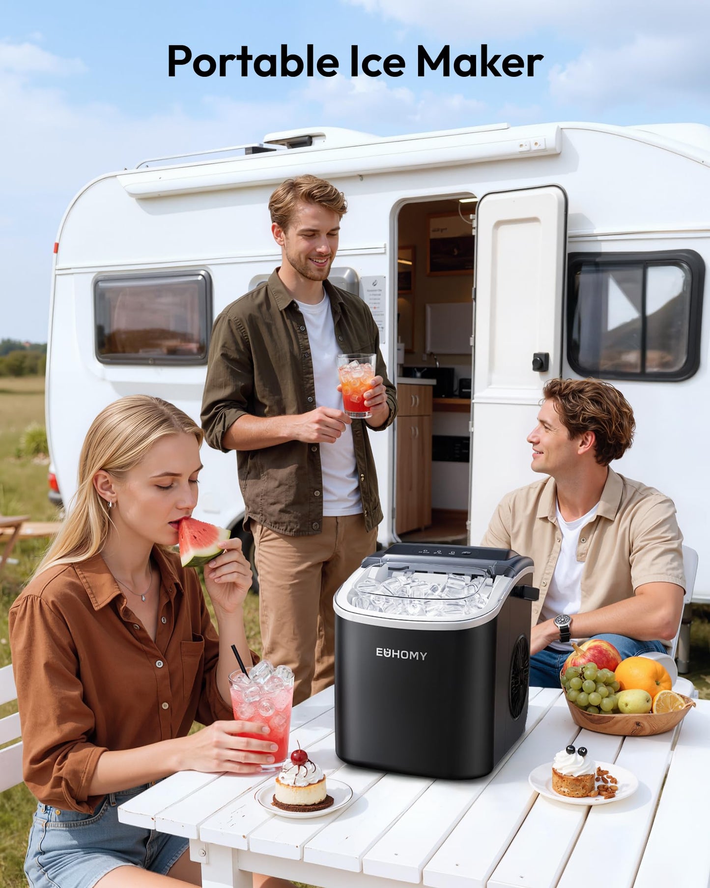 EUHOMY Countertop Ice Maker Machine with Handle, 26lbs Per Day, 9 Bullet Cubes in 6 Mins, Self-Cleaning Portable Ice Maker with Basket and Scoop, for Home/Kitchen/Camping/RV (Black)