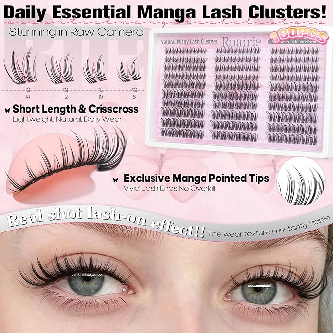 Manga Lash Clusters Bunny Eyelash Clusters Natural Cluster Eyelash Extensions Wispy Lashes Clusters Daily C-Curl Individual Lashes 8-14mm Invisible Band Eyelashes Clusters 180pcs DIY Lash Extension
