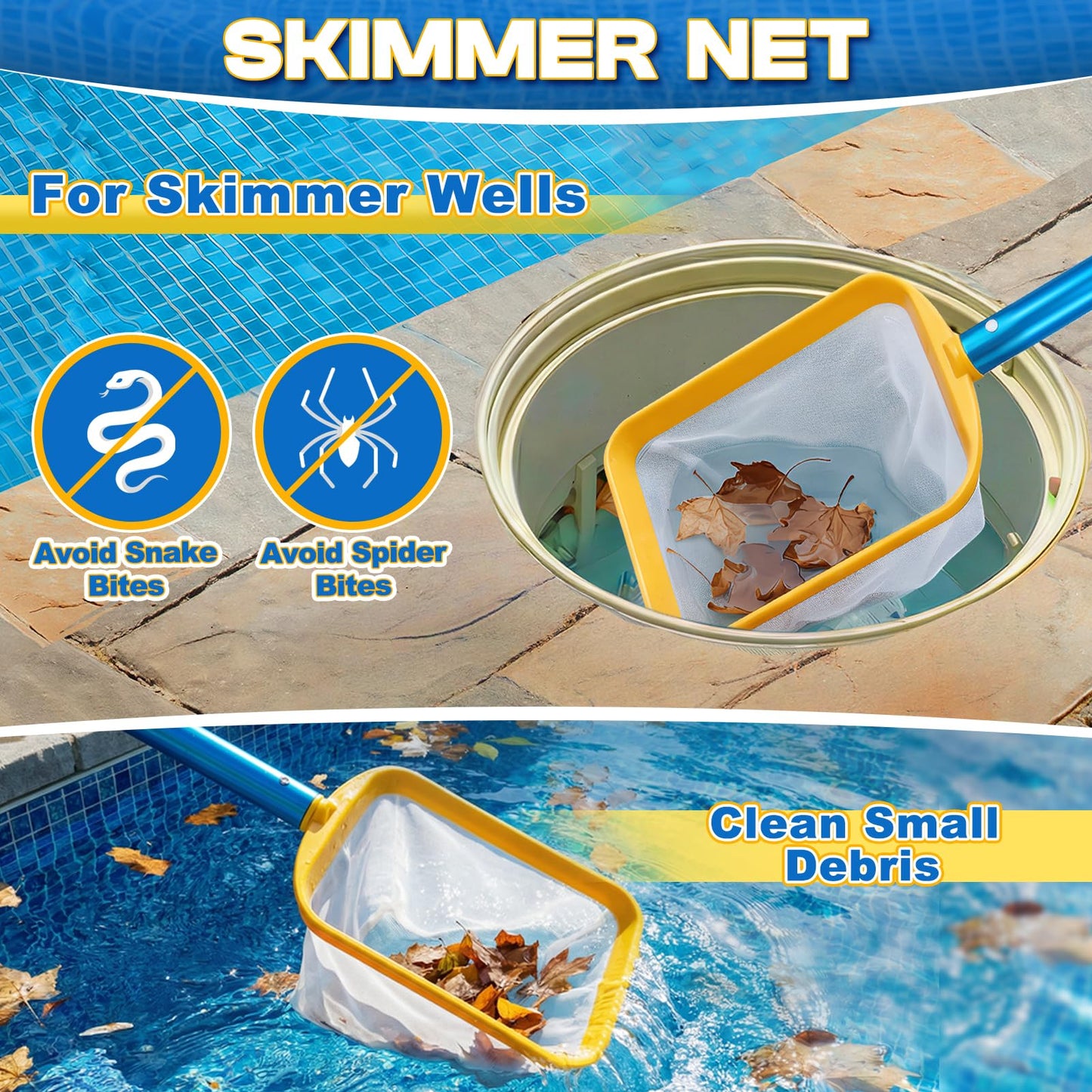 ComfyKit 50in 2-in-1 Pool Skimmer Tool with Stainless Steel Hook and Detachable Fine Mesh Net, Includes Skimmer Basket Handle, for Above Ground and Inground Pools