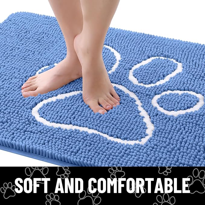 Smiry Dog Door Mat for Muddy Paws, Absorbent Dirt Trapper Non Slip Quick Dry Washable Chenille Mat for Mud Dogs, Entry Rug for Indoor and Outdoor (40x32 Inches, Cornflower Blue and White)