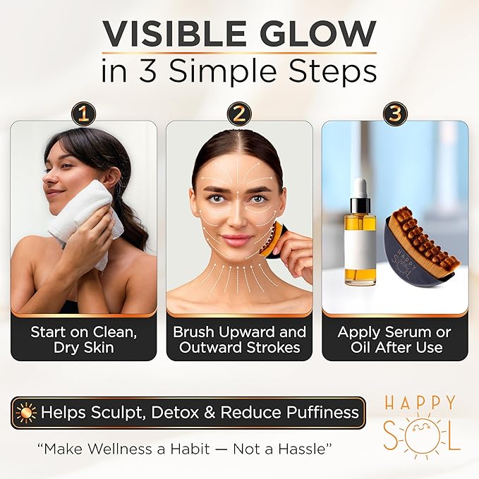 Happy Sol Lymphatic Contour Face Brush for Lymphatic Drainage, Dry Brushing Tool for Puffiness and Glow, Effective Bristles with Ergonomic Handheld Design, Compact Travel Size Cleansing Brush