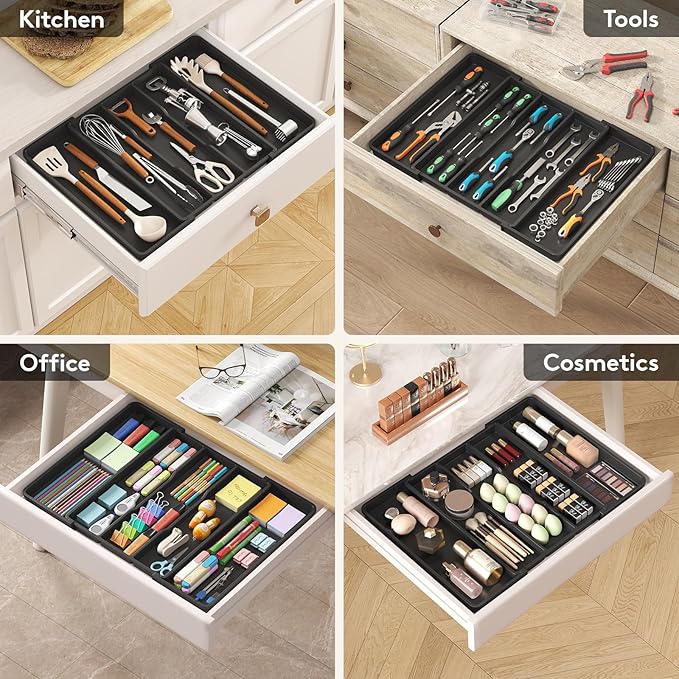 Lifewit Utensil Organizer for Kitchen Drawers, Expandable Cooking Utensil Tray, Adjustable Cutlery Silverware Flatware Holder, Plastic Spatula Tools Storage Divider, Black, 12.9"-22.8" x 16.5"