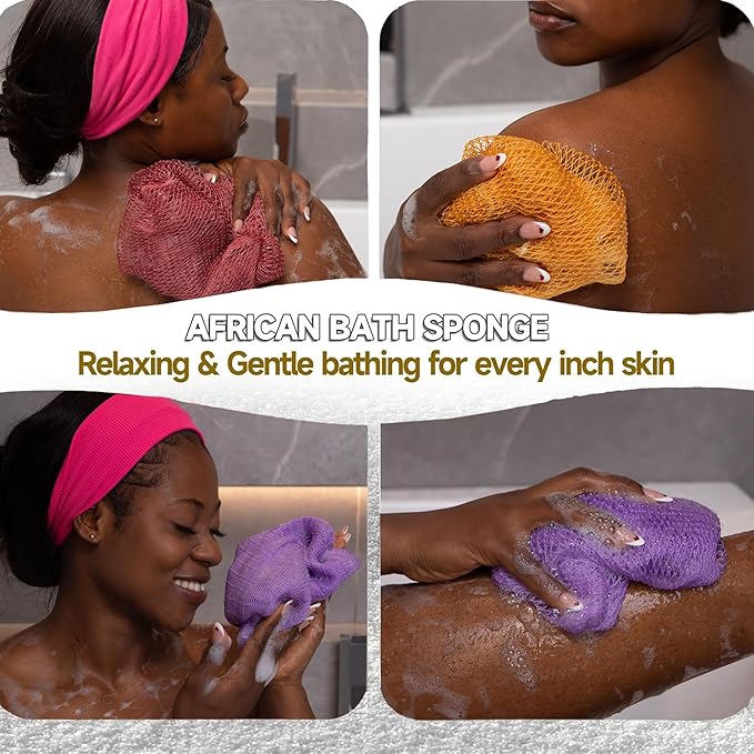 SubSahara Authentic African Net Sponge - 4 Pack Exfoliating Bath & Shower Loofah Sponge for Body & Face, Gentle Scrubber for All Skin Types, Travel, Durable