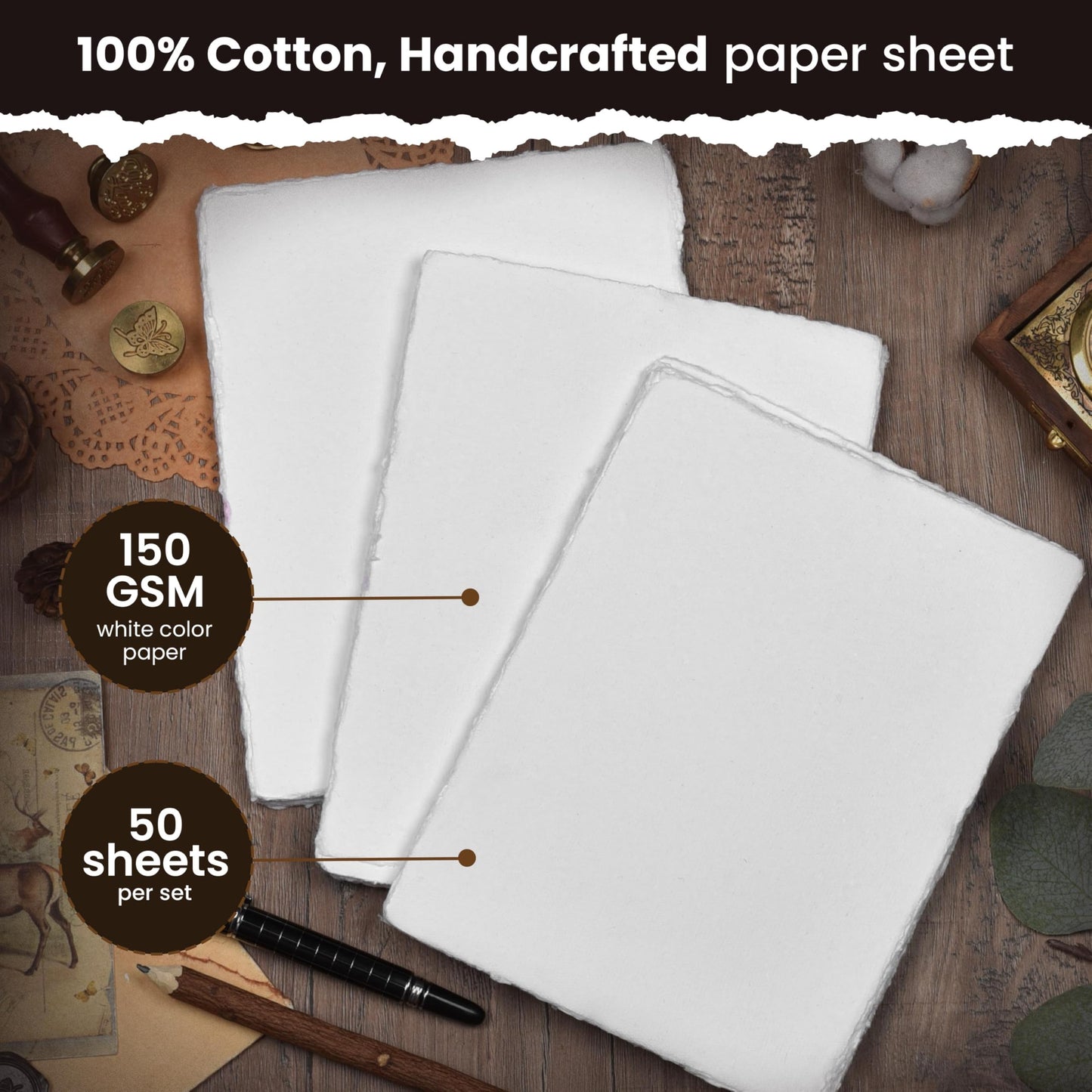 LEATHER VILLAGE Watercolor Paper - 12 X 16 inches, 50 Sheets - Mixed Media Watercolor Paper - 150 GSM Thick Deckle Edge Virgin Cotton Handmade Paper - Off White