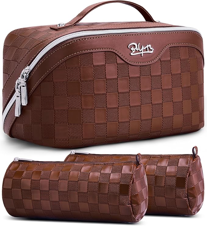BOYATU Travel Makeup Bag Organizer Cosmetic Bag: 3 Pcs Set Make up Bags for Women with Handle - Waterproof Vegan Leather Toiletry Bags Travel Essentials Pouch with Compartments (03-A-Coffee)