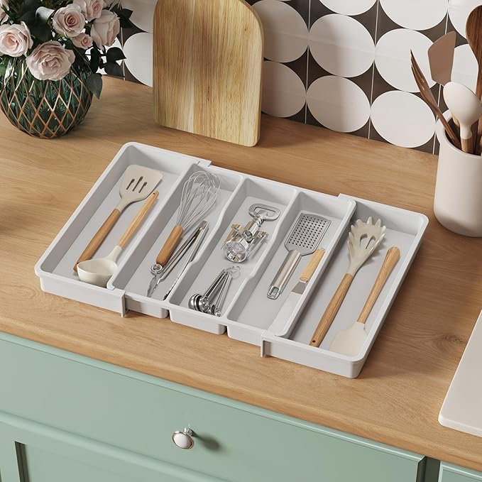 Lifewit Utensil Organizer for Kitchen Drawers, Expandable Cooking Utensil Tray, Adjustable Cutlery Silverware Flatware Holder, Plastic Spatula Tools Storage Divider, 13-22 x 15", White