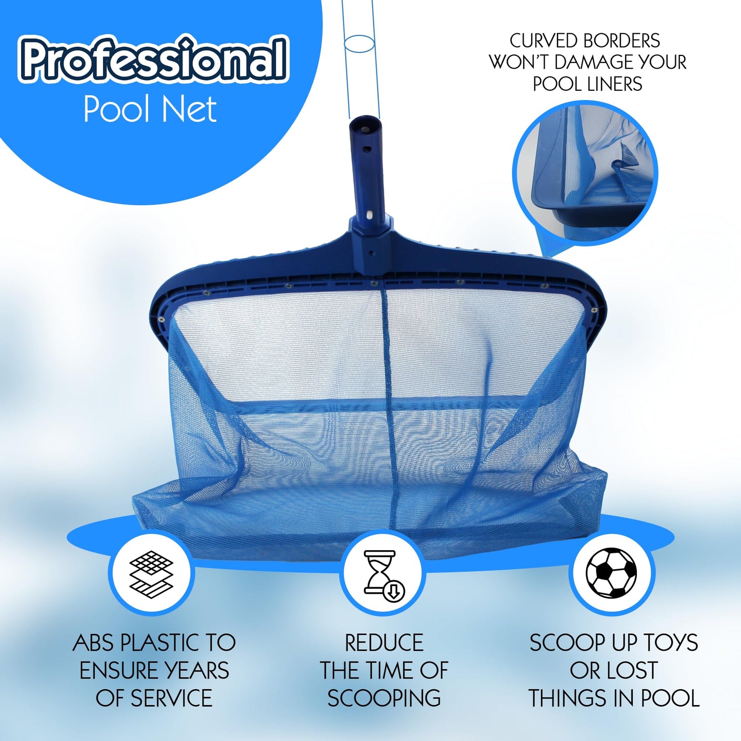 Pool Skimmer Net, Heavy Duty Leaf Rake Cleaning Tool, Fine Mesh Net Bag Catcher Blue