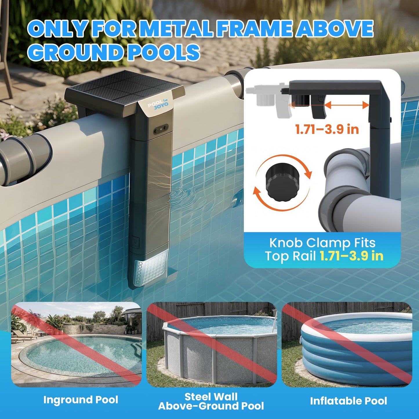 POOLJOYO Solar Pool Lights Only for Metal Frame Above Ground Pools, 1.71–3.9 Top Rails, Remote Control, Brighter 3-Sided 180° Underwater Glow, 10 Colors 4 Modes, IP68 Waterproof（1 Pack）