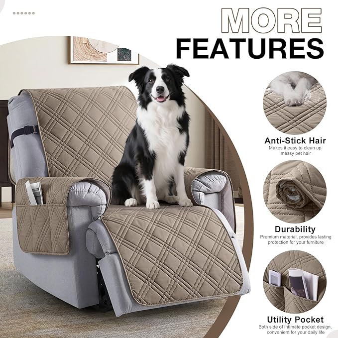 TAOCOCO Waterproof Recliner Chair Covers 30 Inch Wide, Oversized Recliner Covers for Recliner Chair with Pocket, Recliner Slipcovers with Straps Furniture Protector for Kids Pets (30'', Gray Taupe)