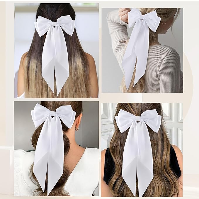 6Pcs Large Bows Hair Clips for Women Girls Long Tail Hair Ribbon Silky Satin Barrettes Coquette Bows Accessories (White)