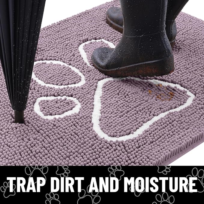 Smiry Dog Door Mat for Muddy Paws, Absorbent Dirt Trapper Non Slip Quick Dry Washable Chenille Mat for Mud Dogs, Entry Rug for Indoor and Outdoor (36x24 Inches, Deep Plum and White)