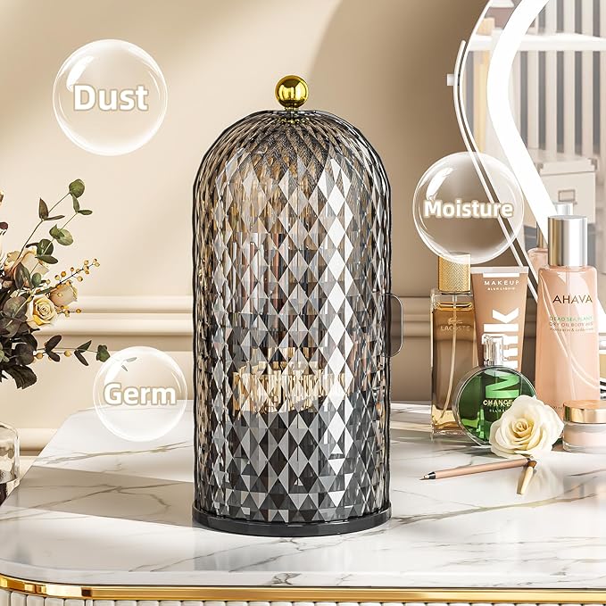 Dustproof Toothbrush Holder with Lid, 360 Rotating Countertop Electric Toothbrush Toothpaste Holders with Cover for Bathroom, 3 Slots Makeup Brush Holder with Lid for Vanity, Black