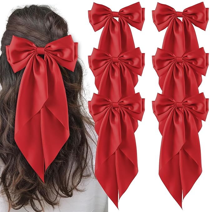 6Pcs Large Bows Hair Clips for Women Girls Long Tail Hair Ribbon Silky Satin Barrettes Coquette Bows Accessories (Red)