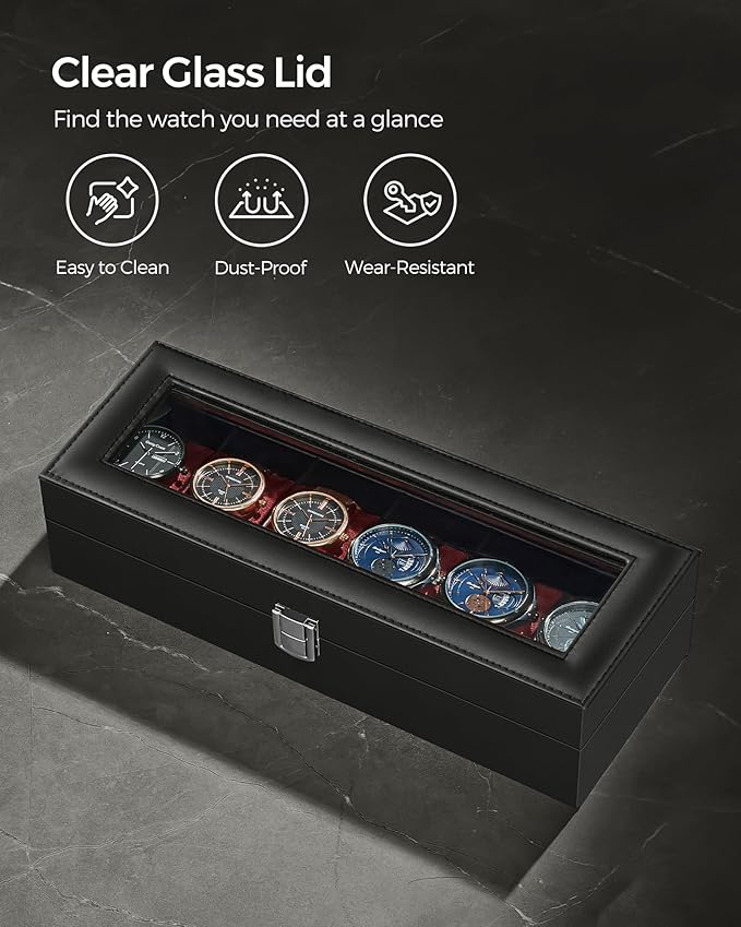 SONGMICS Watch Box, 6-Slot Watch Case Organizer with Large Glass Lid, Removable Pillows, Gift for Loved Ones, Black Synthetic Leather, Wine Red Lining UJWB006R01