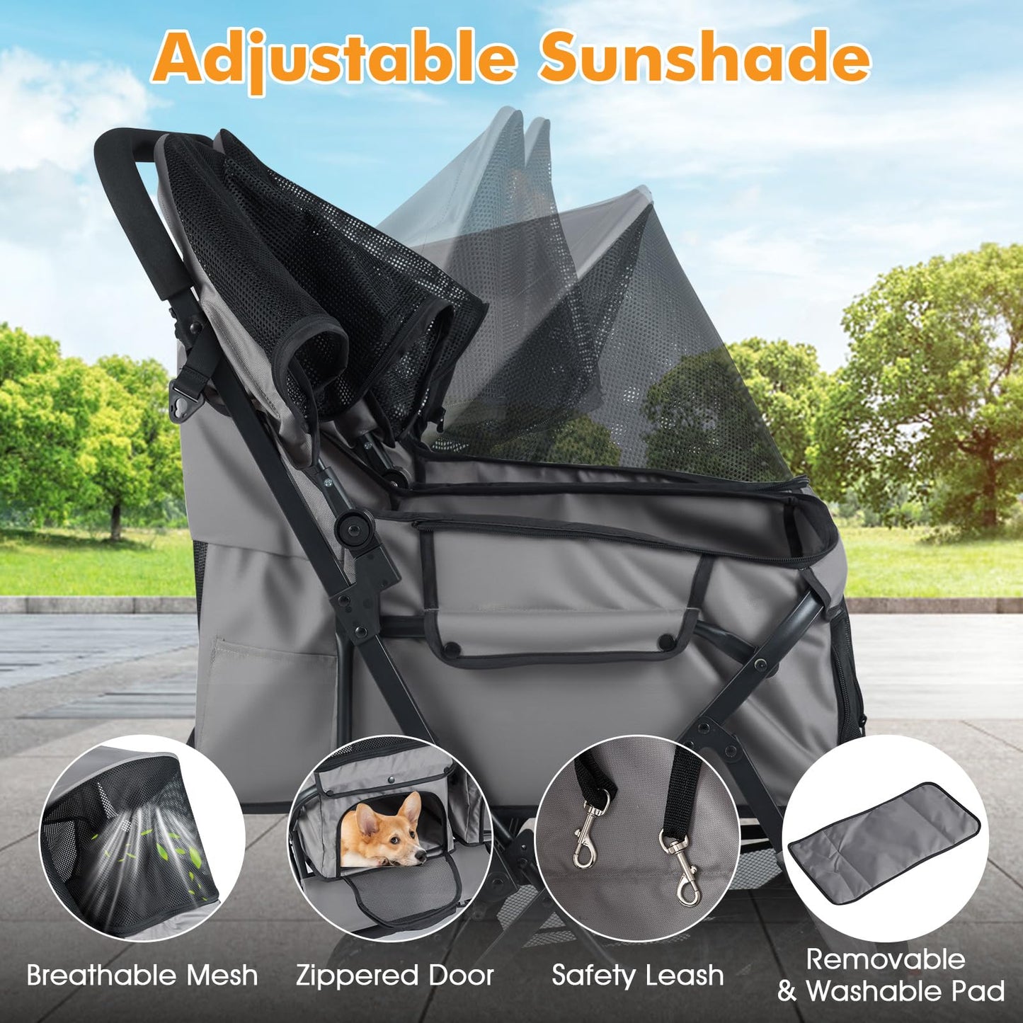 PETSITE Double Pet Stroller, Foldable Double Dog Stroller with 2-Seater Carrier, Adjustable Sunshade, Removable Pad, Safety Belt, Storage Basket, 4-Wheel Pet Travel Cart for 2 Puppies & Cats (Grey)