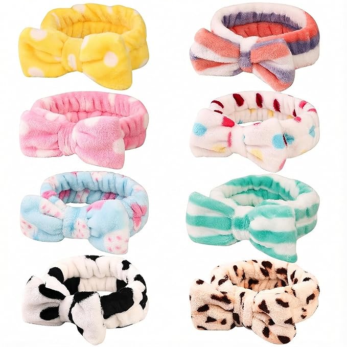 8 Pack Spa Headbands for Women, Soft Bow Skincare Headband for Washing Face, Skincare, Salon & Makeup, Bulk Spa Party Favors, Ideal Christmas Gifts or Stocking Stuffers for Teen Girls