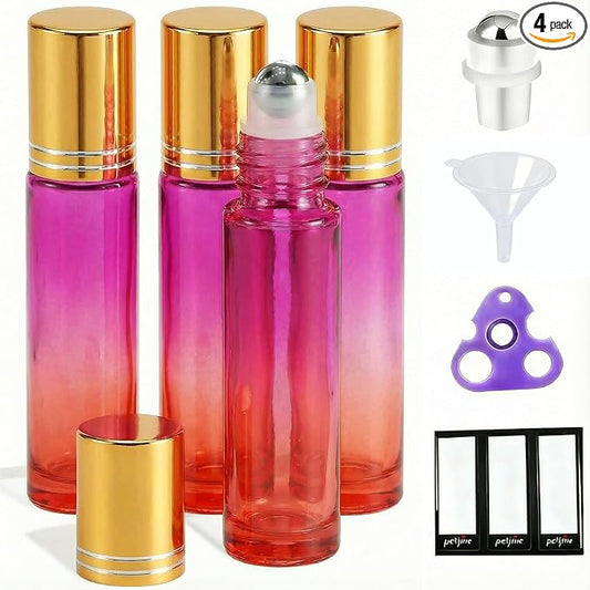 PrettyCare 4 Pack, 10 ml Essential Oil Roller Bottles with Stainless Steel Roller Ball - Refillable Leak-proof Empty Thick Red & Purple Glass Roll on Bottles with Golden Caps for Travel, Perfume