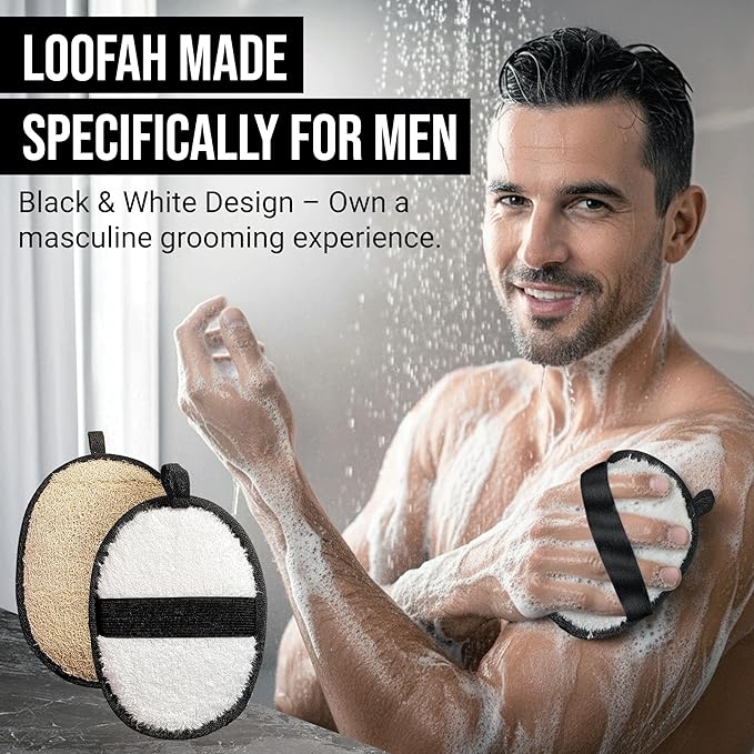 Natural Loofah Shower Body Scrubber for Men, Egyptian Luffa Sponge Exfoliating Loofah, Body Sponges for Shower, Mens Hygiene Essentials, Bath Loofahs Body Scrubber Shower Tool - 2PCS Black & White Set
