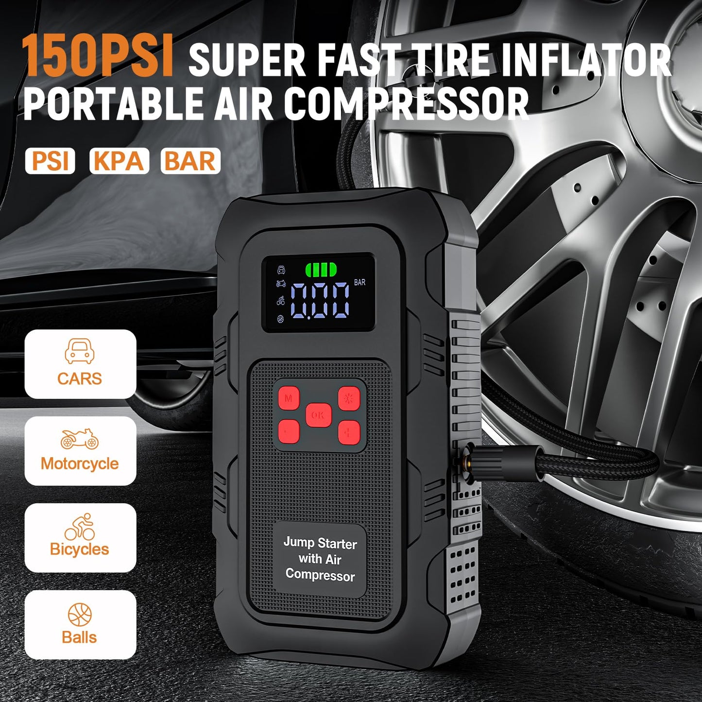 5000A Jump Starter with Air Compressor,A1 Car Jumper Starter with 150PSI Tire Inflator 12V Jump Box with LCD Display,Flashlight,Storage Case (Up 10L Gas/8L Diesel Engine