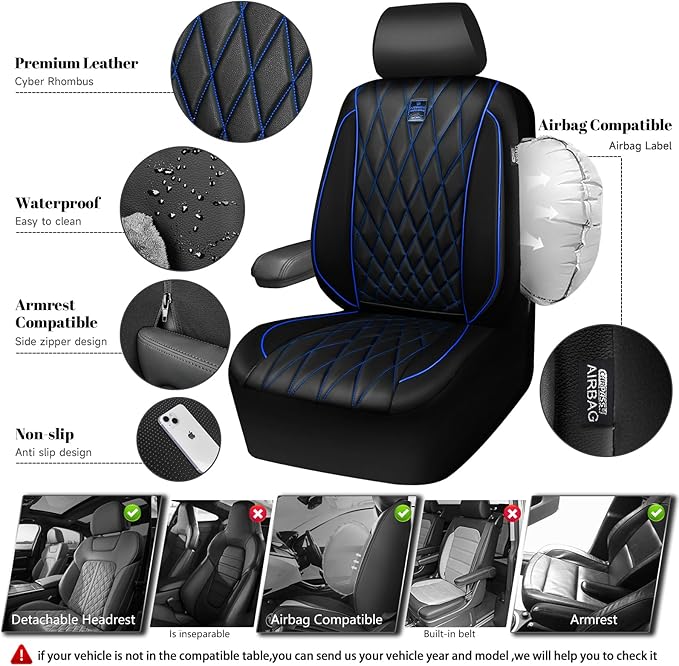 CAR PASS Piping Luxury PU Leather Two Front Car Seat Covers,Waterproof Anti- Slip Seat Covers Compatible with Front Seat Armrests,Universal Fit for Suvs,Vans,Trucks,Airbag Compatible(Black and Blue)