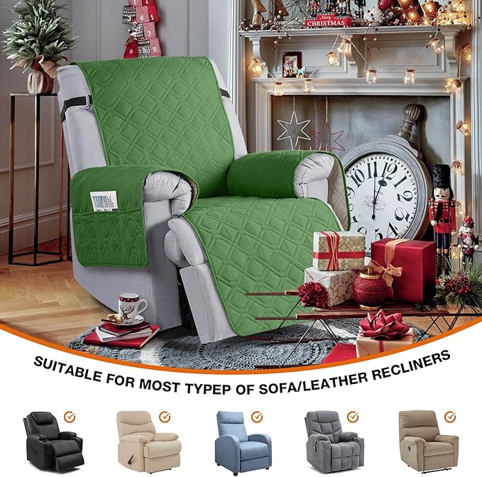 VANSOFY 100% Waterproof Recliner Chair Covers, Recliner Cover Non-Slip Dog Chair Cover Furniture Protector Washable Slipcover with Pocket, Elastic Straps for Pets, Dogs(Vine Green, 28")