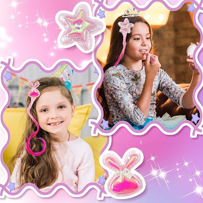 12 Pieces Hair Clips for Girls, Bow Curly Pink Gradient Hair Extensions for Kids, Little Girl Hair Clips Accessories for Ponytails Princess Dress Up