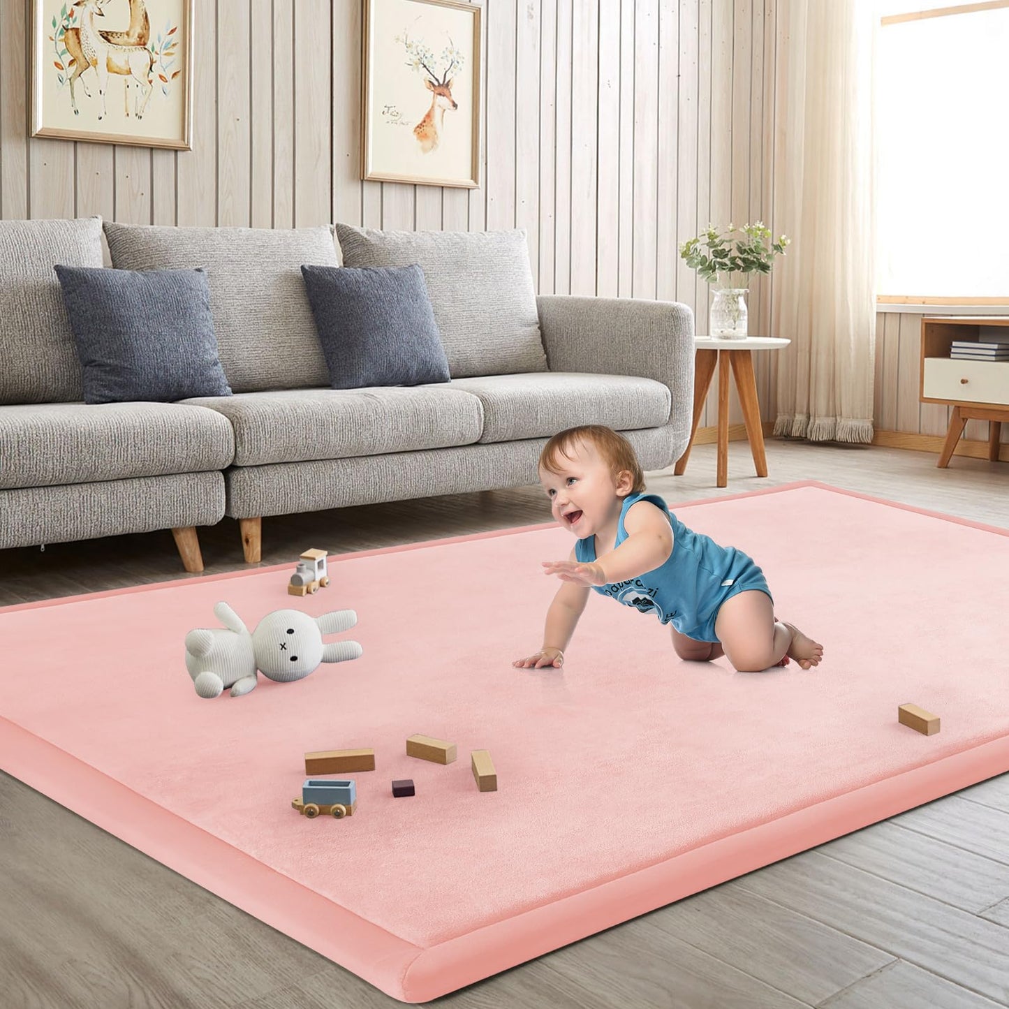 ILPEOD Baby Play Mat for Floor Nursery Rug Muscle Mat Area Rug Playroom Rug 65"x50" Playpen Mat Memory Foam 1.3" Thick Crawling Mat for Babies,Toddlers, Infants, Kids,Light Pink