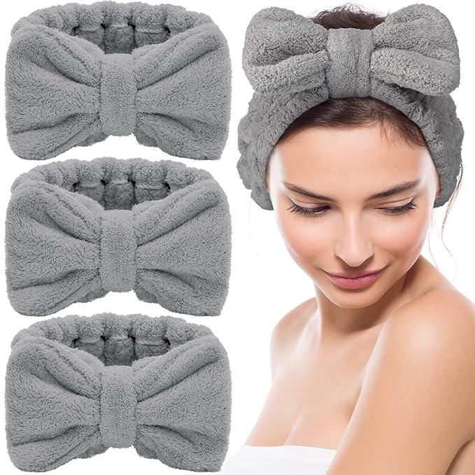 3 Pieces Towel Headbands for Women Makeup Headband for Washing Face Makeup Spa Headband, Microfiber Bowtie Shower Headband for Women (Light Gray)
