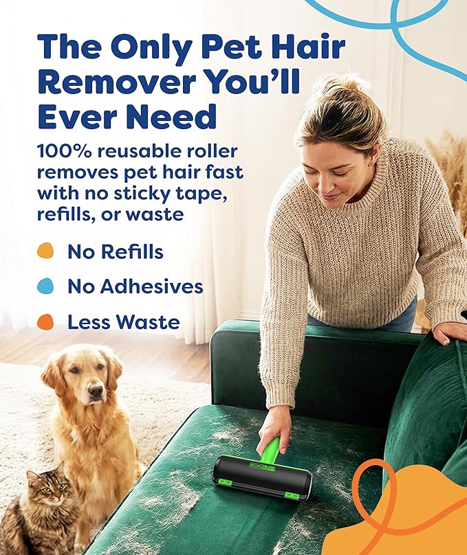 Triton Pet Hair Removal Tool w/Fur Trapping Compartment, 60% Smaller Storage Size, Reusable Shedding Roller, Cat and Dog Hair Remover for Car, Furniture, Carpet, Couch (Green)