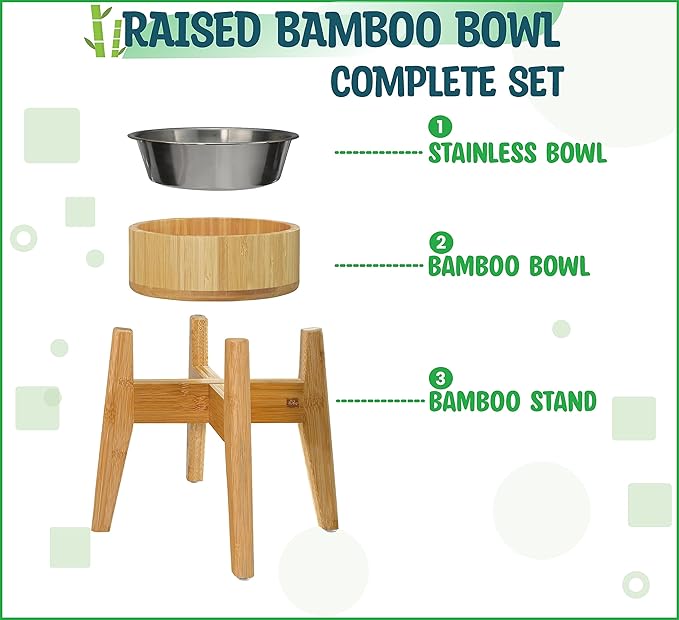 Elevated Dog Bowls for Large Breed - (15-Inch High) Raised Food/Water Bowl with Stand - Bamboo-Steel, Dry/Wet Food Suitable