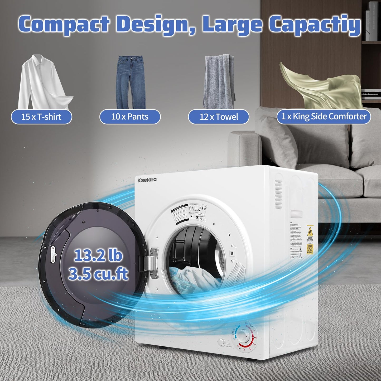 Kaelara Portable Dryer, 3.5 Cu.ft Portable Dryers for Laundry with Stianless Steel Tub, 1500W Clothes Dryer Machine for Home, Apartment, 4 Dring Mode, Auto-shutt off, White